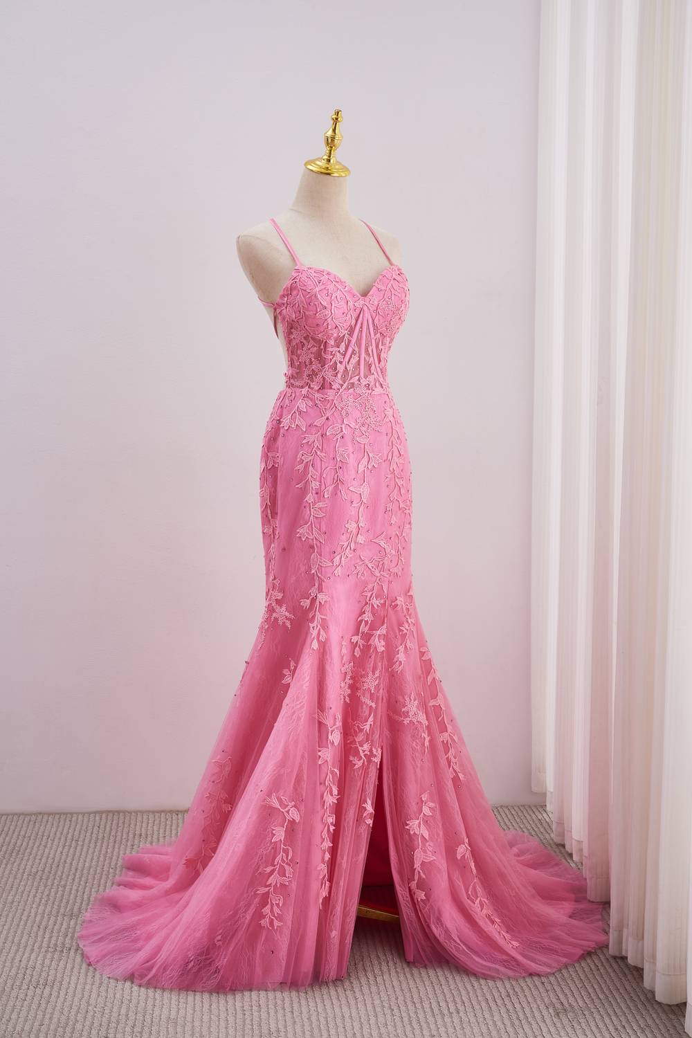 Straps Hot Pink Lace Appliques Mermaid Prom Dress
