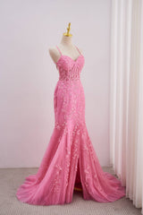 Straps Hot Pink Lace Appliques Mermaid Prom Dress