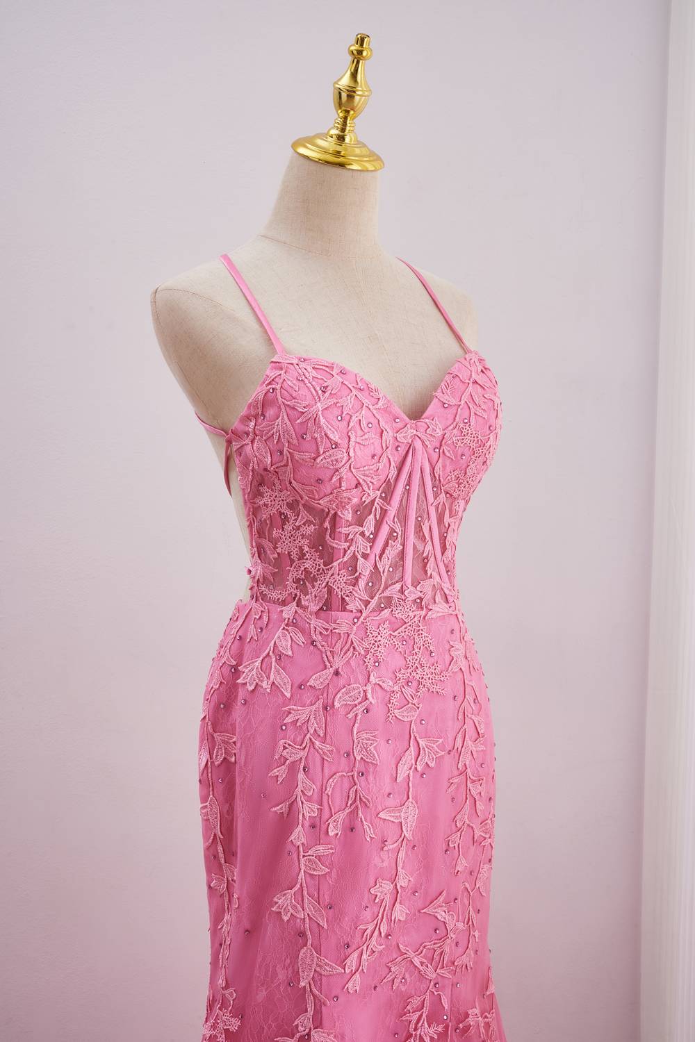 Straps Hot Pink Lace Appliques Mermaid Prom Dress