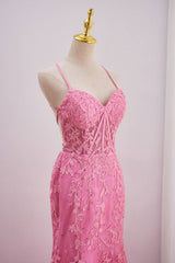 Straps Hot Pink Lace Appliques Mermaid Prom Dress