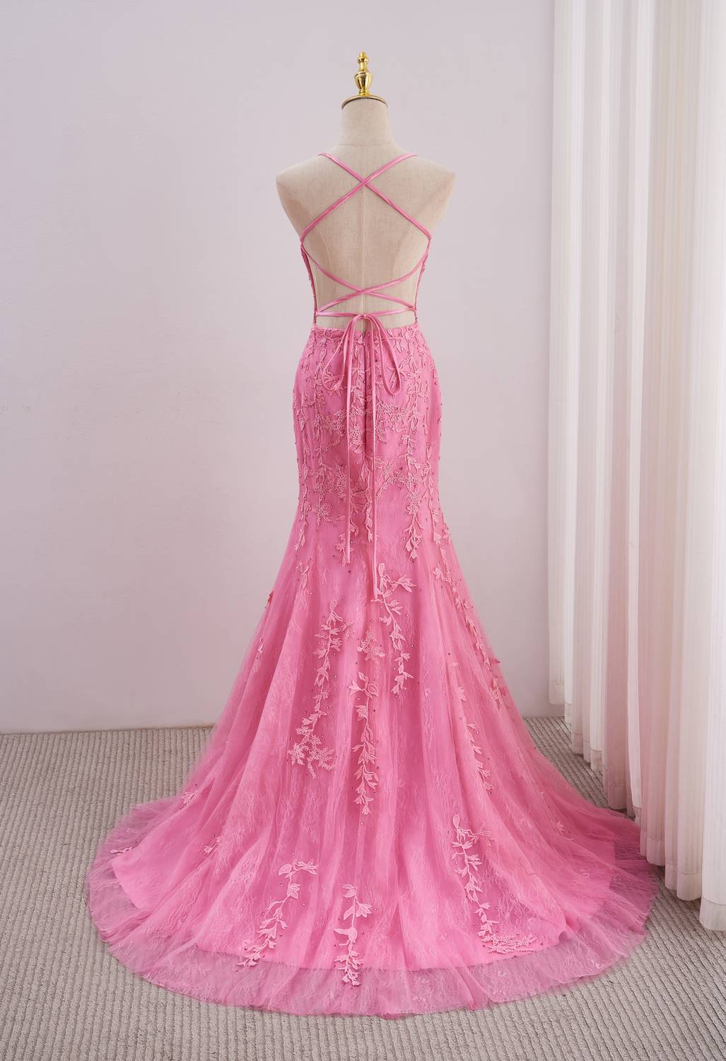 Straps Hot Pink Lace Appliques Mermaid Prom Dress
