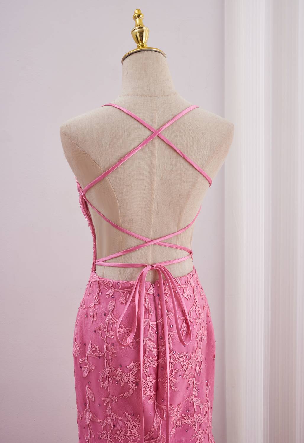 Straps Hot Pink Lace Appliques Mermaid Prom Dress