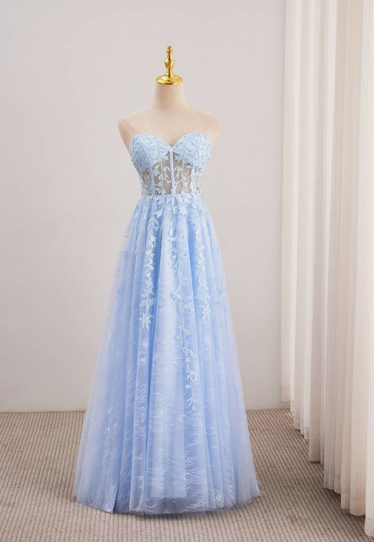 Blue Sweetheart Lace Illusion Lace-up Dress