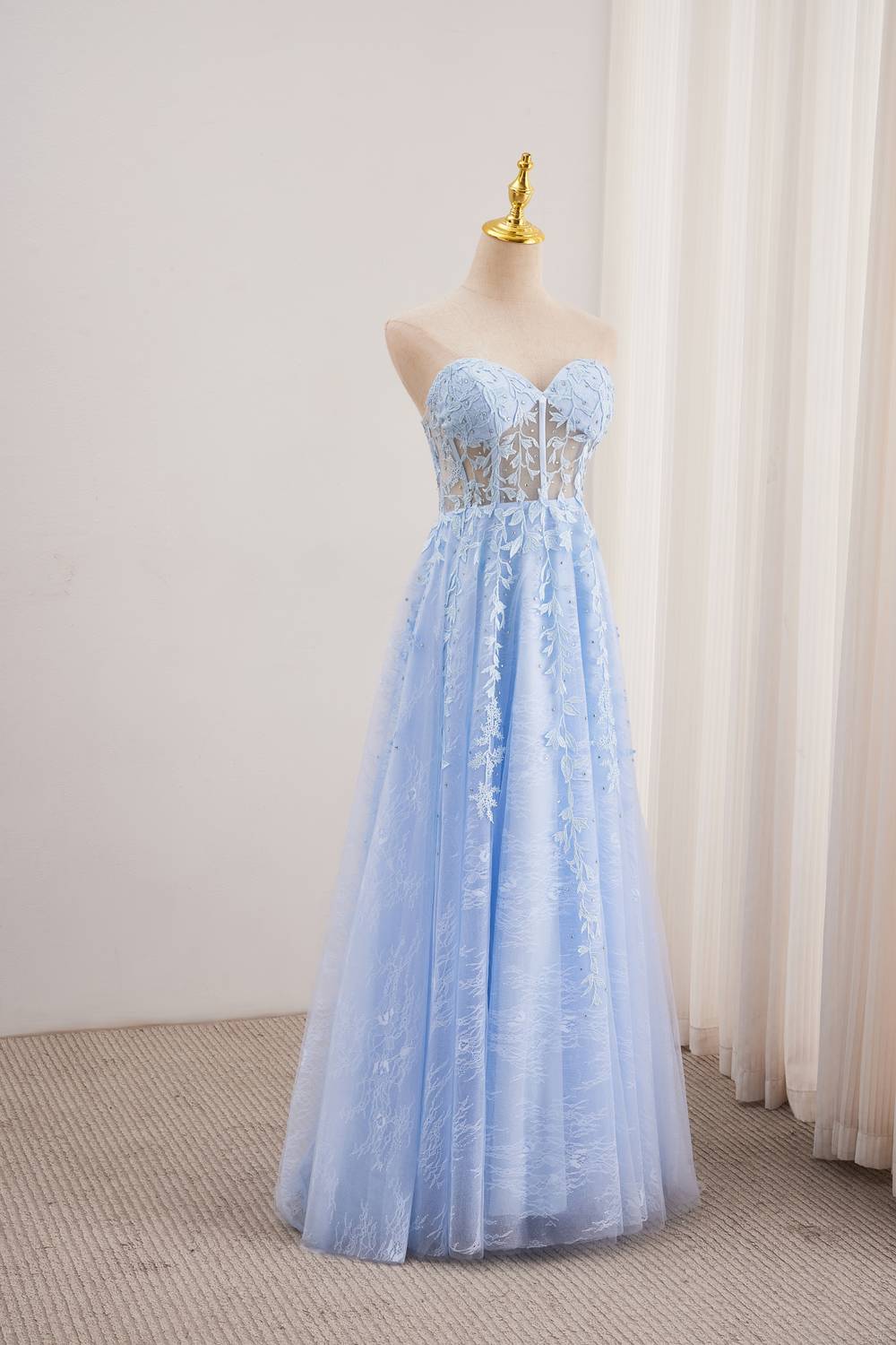 Blue Sweetheart Lace Illusion Lace-up Dress