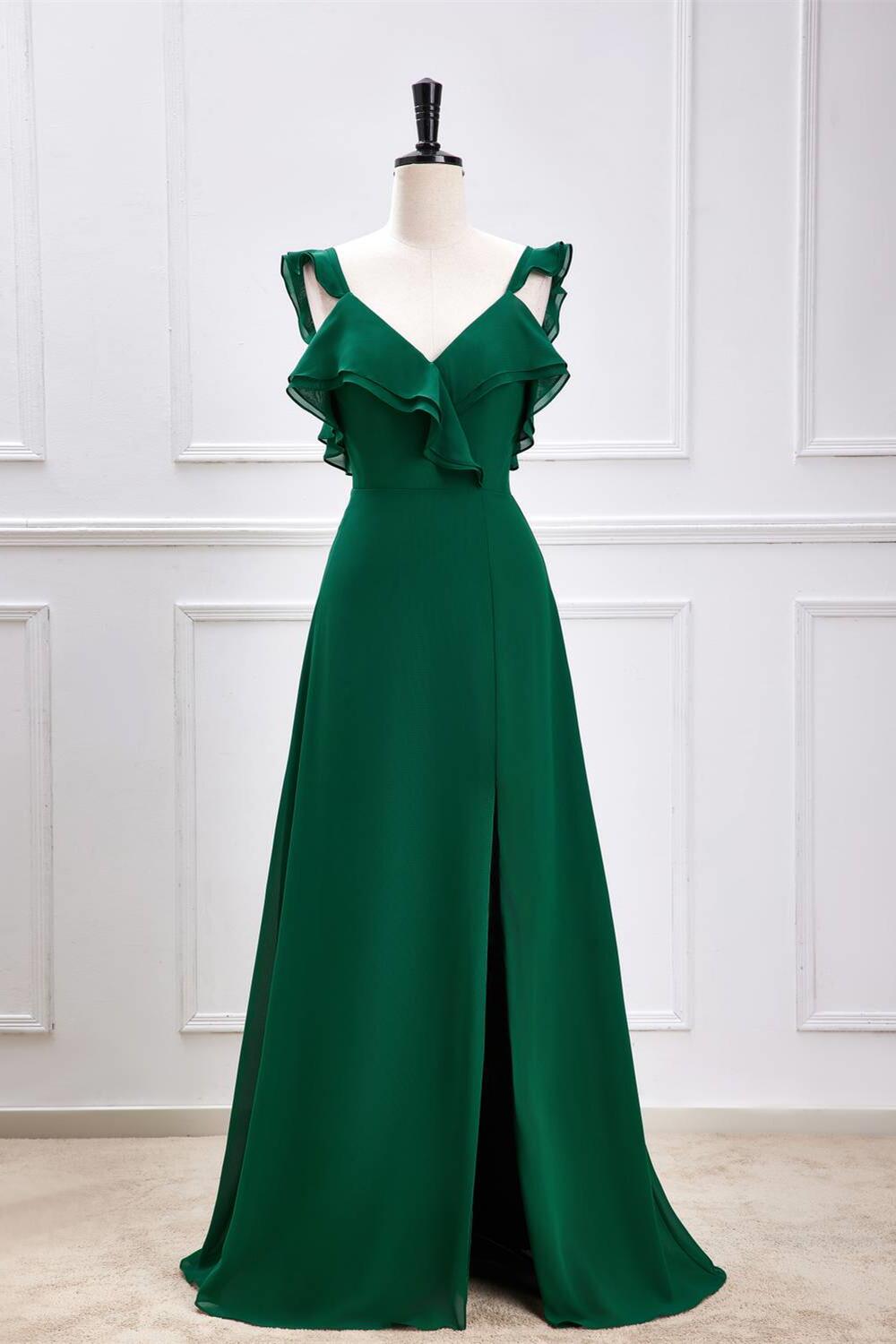 Emerald Green Ruffles Chiffon Long Bridesmaid Dress