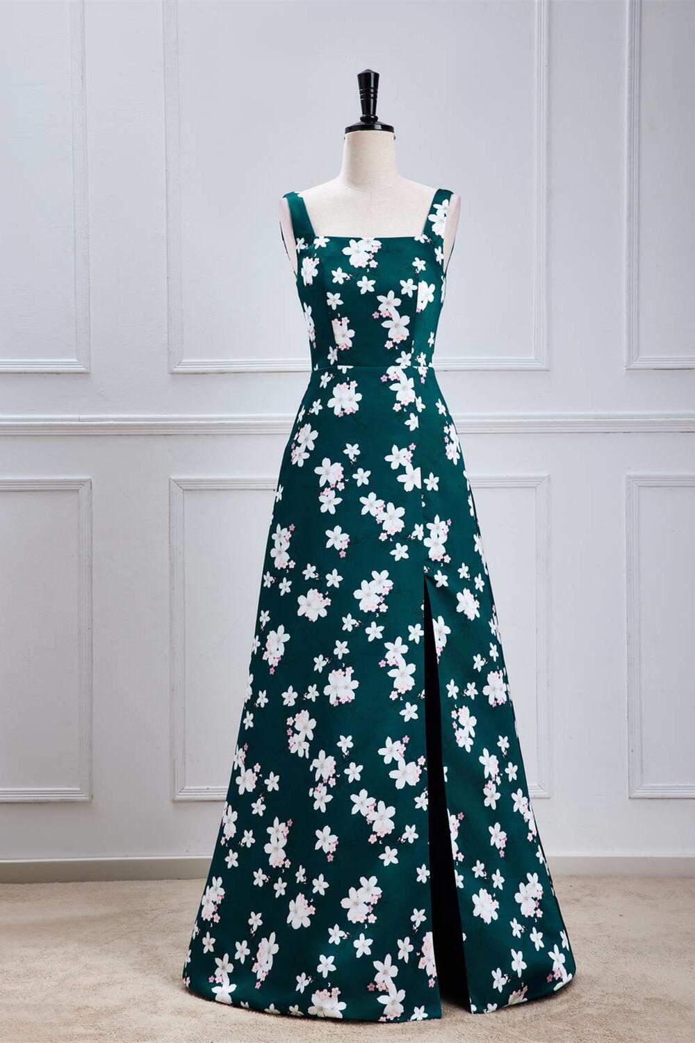 Foral Green Satin A-line Long Formal Dress