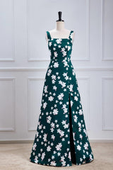 Foral Green Satin A-line Long Formal Dress