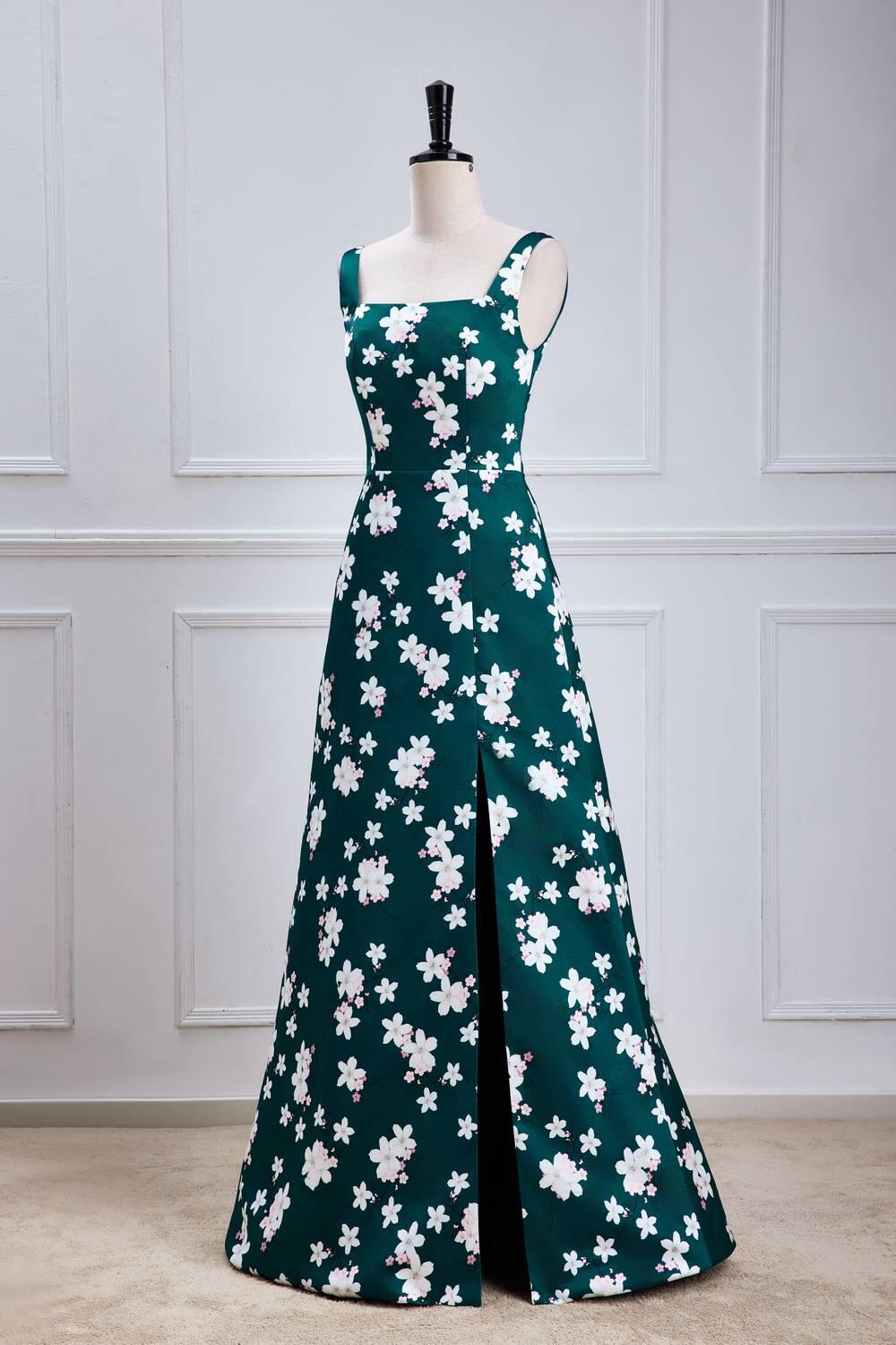 Foral Green Satin A-line Long Formal Dress