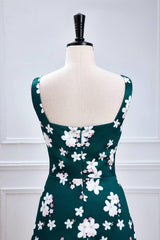 Foral Green Satin A-line Long Formal Dress