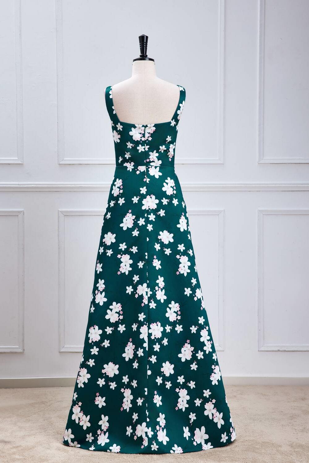 Foral Green Satin A-line Long Formal Dress