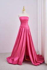 Pink Strapless Ruched Prom Dress with Hign Slit