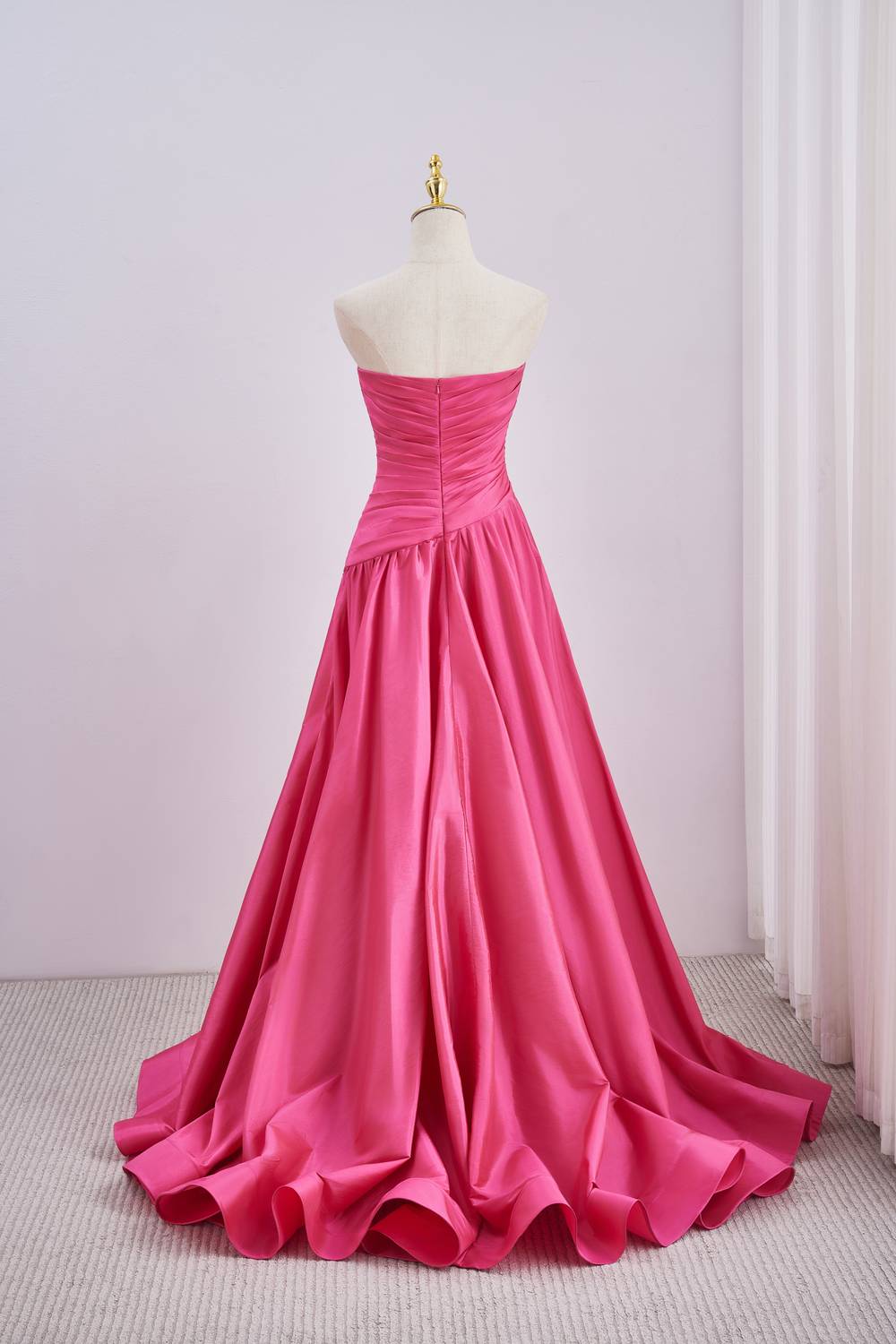 Pink Strapless Ruched Prom Dress with Hign Slit