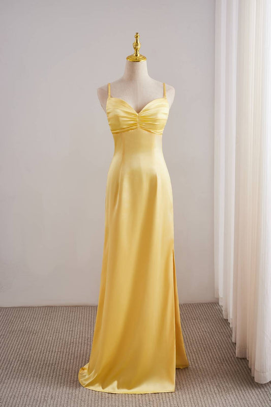 Yellow Spaghetti Strap Fitted Satin Long Dress