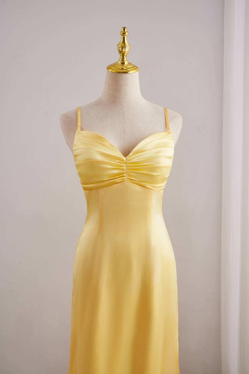 Yellow Spaghetti Strap Fitted Satin Long Dress