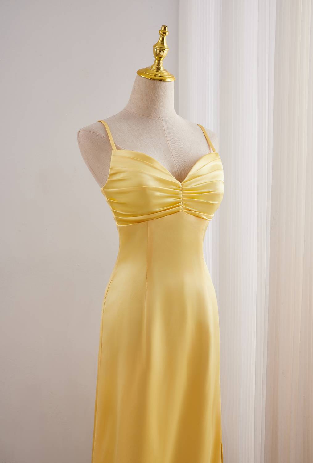 Yellow Spaghetti Strap Fitted Satin Long Dress