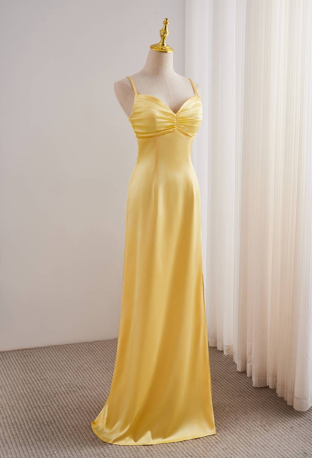 Yellow Spaghetti Strap Fitted Satin Long Dress