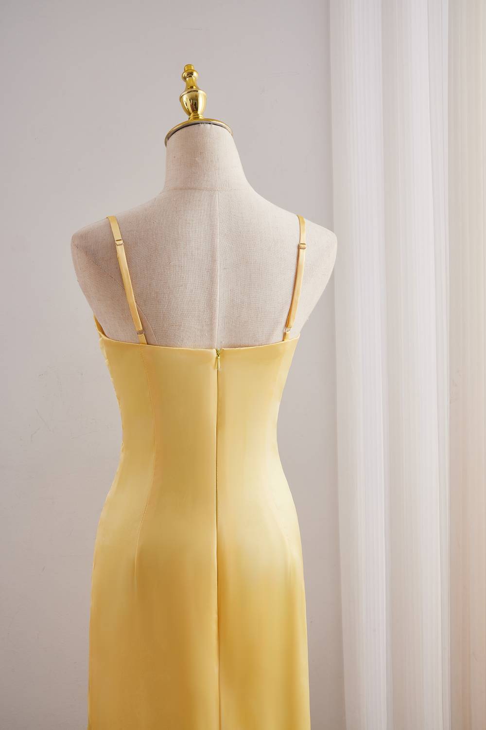 Yellow Spaghetti Strap Fitted Satin Long Dress