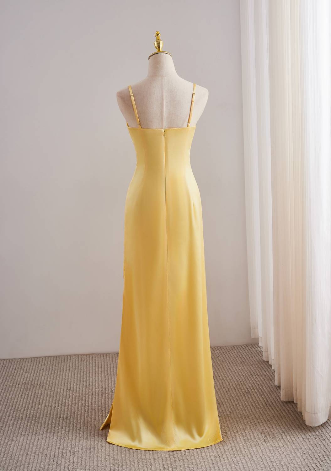 Yellow Spaghetti Strap Fitted Satin Long Dress