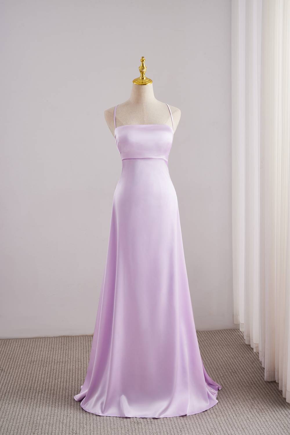 Lavender Spaghetti Strap Lace-up Back Long Prom Dress