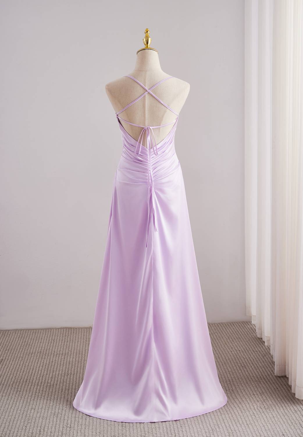 Lavender Spaghetti Strap Lace-up Back Long Prom Dress