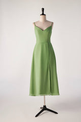 Matcha Green Spaghetti Strap V-neck Bridesmaids Dress