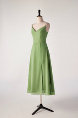 Matcha Green Spaghetti Strap V-neck Bridesmaids Dress