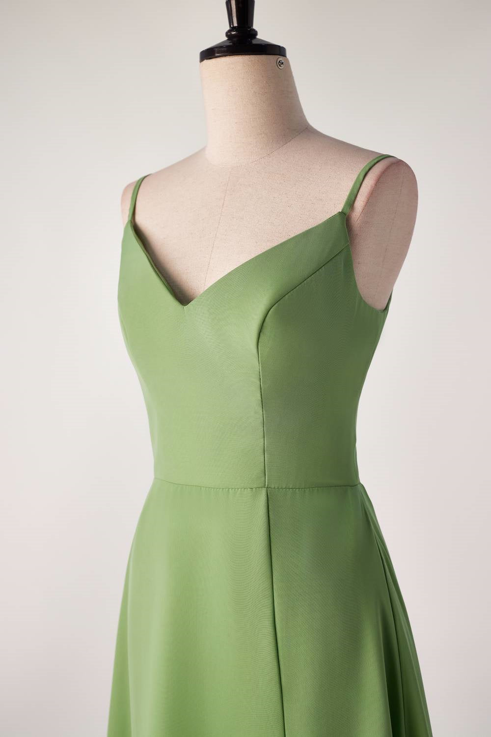 Matcha Green Spaghetti Strap V-neck Bridesmaids Dress