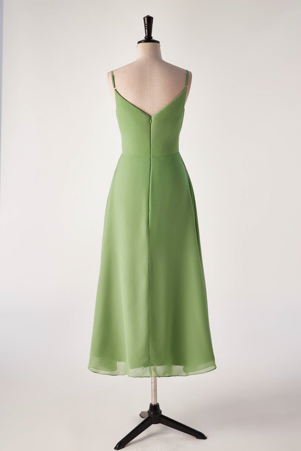 Matcha Green Spaghetti Strap V-neck Bridesmaids Dress