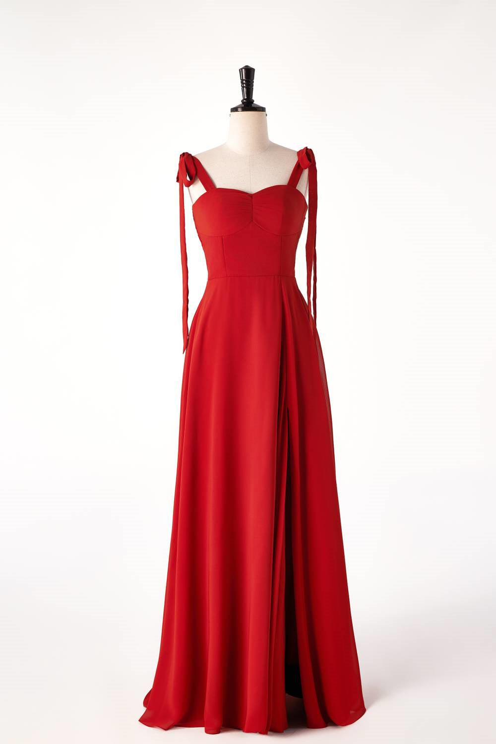 Red Bow Straps Fitted  Bridesmaids Dress