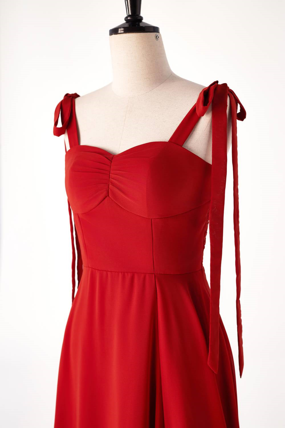 Red Bow Straps Fitted  Bridesmaids Dress