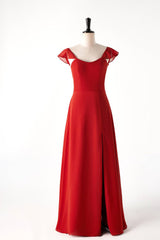 Red Cap Sleeve Long Bridesmaid Dresses with Slit