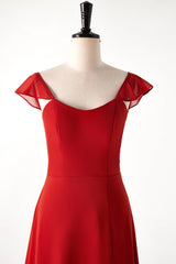 Red Cap Sleeve Long Bridesmaid Dresses with Slit