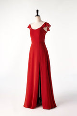 Red Cap Sleeve Long Bridesmaid Dresses with Slit