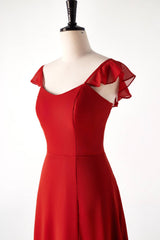 Red Cap Sleeve Long Bridesmaid Dresses with Slit