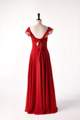 Red Cap Sleeve Long Bridesmaid Dresses with Slit