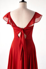 Red Cap Sleeve Long Bridesmaid Dresses with Slit