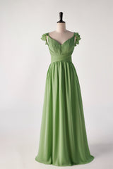 Matcha Green Cap Sleeve Ruched Backless Long Bridesmaids Dress