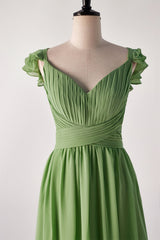 Matcha Green Cap Sleeve Ruched Backless Long Bridesmaids Dress