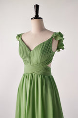Matcha Green Cap Sleeve Ruched Backless Long Bridesmaids Dress