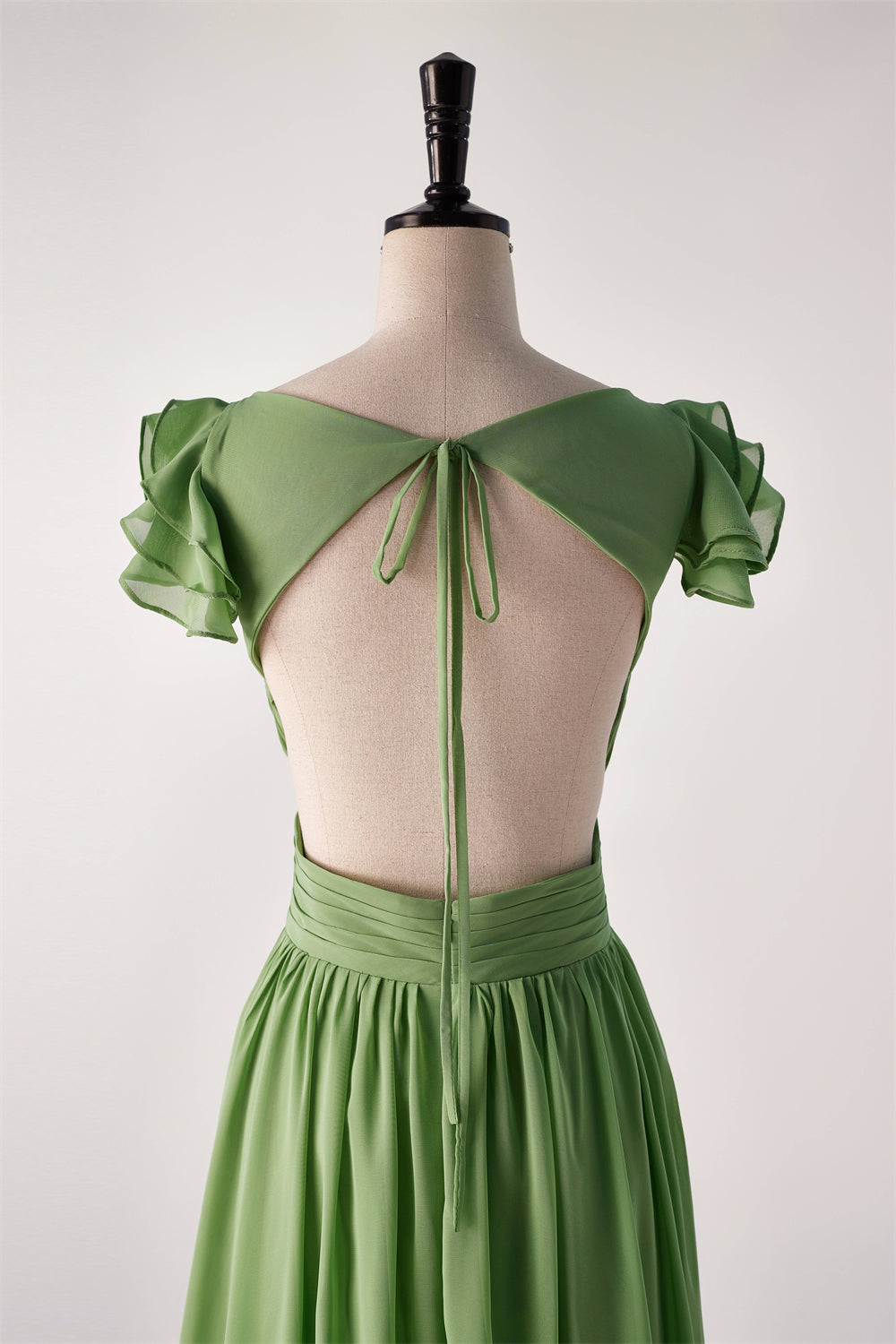 Matcha Green Cap Sleeve Ruched Backless Long Bridesmaids Dress