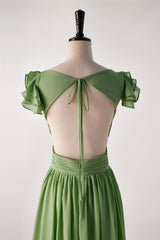 Matcha Green Cap Sleeve Ruched Backless Long Bridesmaids Dress