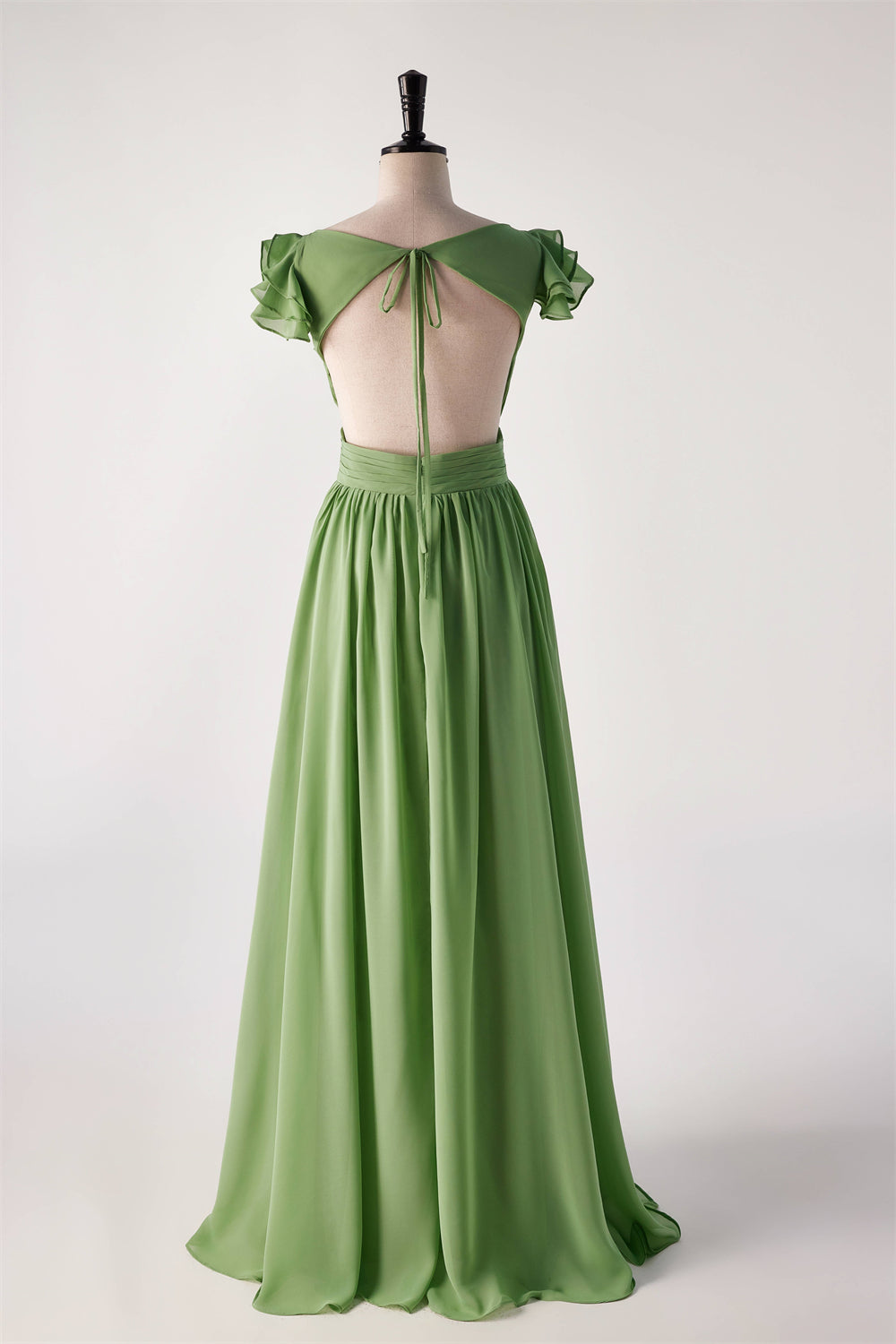 Matcha Green Cap Sleeve Ruched Backless Long Bridesmaids Dress