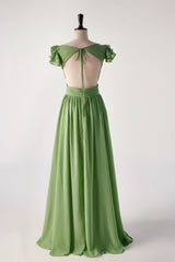 Matcha Green Cap Sleeve Ruched Backless Long Bridesmaids Dress