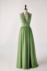 Matcha Green V-neck  Halter  Bridesmaids Dress
