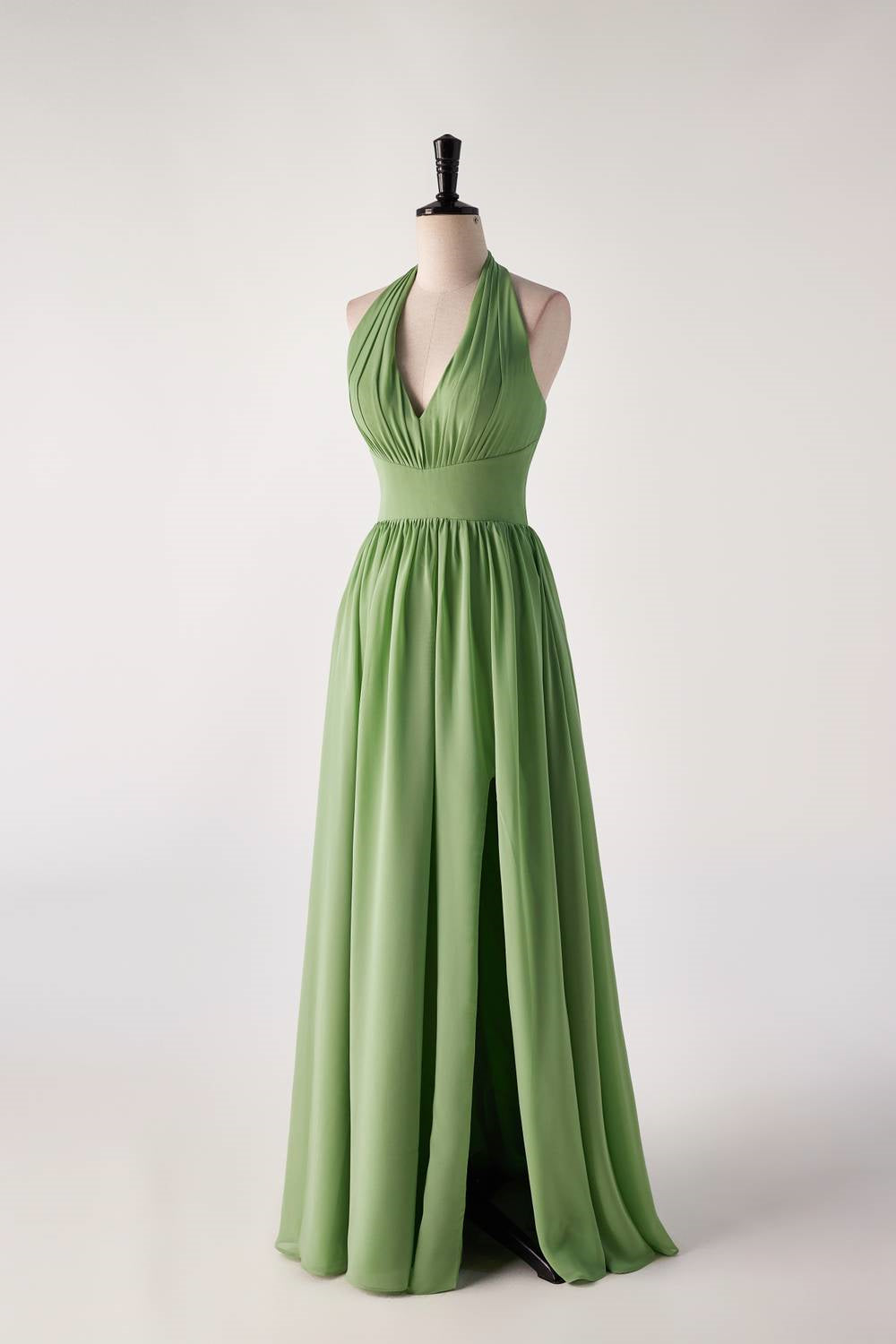 Matcha Green V-neck  Halter  Bridesmaids Dress