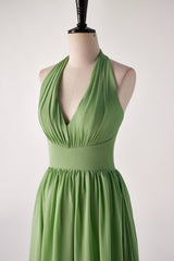 Matcha Green V-neck  Halter  Bridesmaids Dress