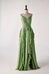 Matcha Green Spaghetti Strap Ruffle Long Bridesmaid Dresses