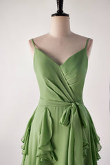 Matcha Green Spaghetti Strap Ruffle Long Bridesmaid Dresses