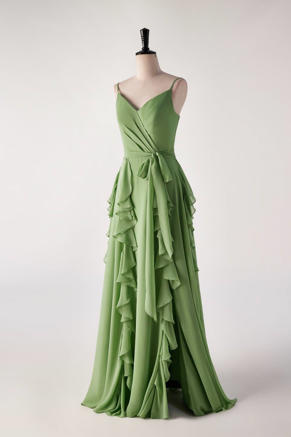 Matcha Green Spaghetti Strap Ruffle Long Bridesmaid Dresses