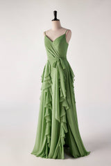 Matcha Green Spaghetti Strap Ruffle Long Bridesmaid Dresses